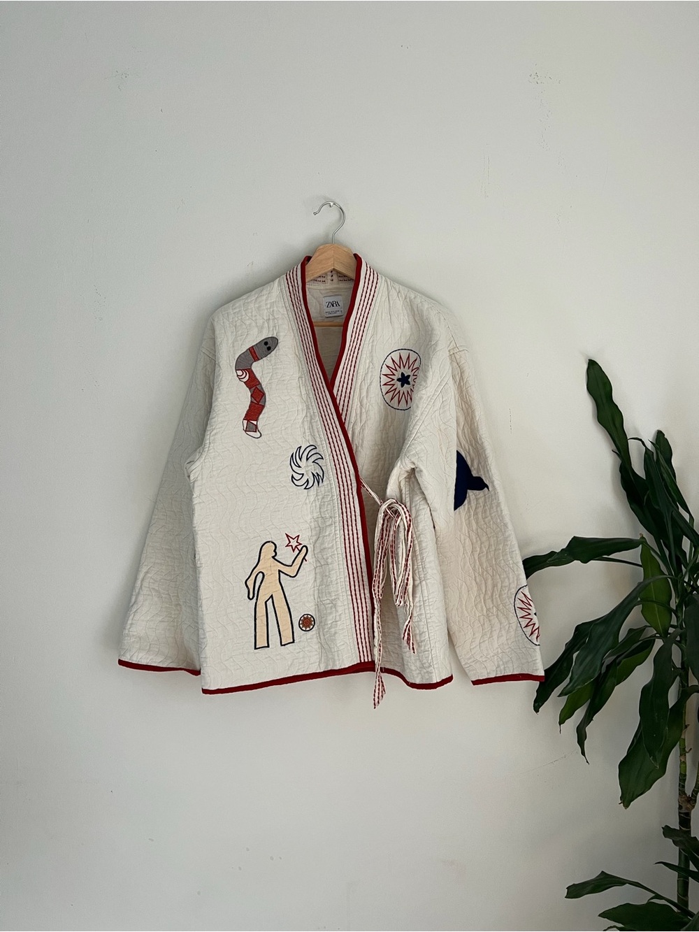 Zara Cream Embroidered Quilted Wrap light Jacket with Red Trim